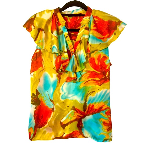 Essentials colorful floral tropical costal button up designer Blouse - Picture 1 of 13